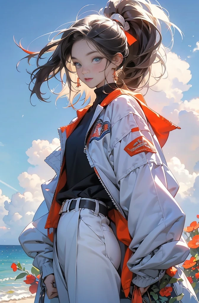 Very colorful, Pop feel, Blue sky, cumulonimbus, California, Pasadena, Beach, Seaside, Summer image, sense of openness, Beautiful woman with orange ponytail, Very beautiful detailed eyes, Beautiful and delicate eyes, Around 25 years old, Wearing a jacket, stylish belt, Perfect tall model figure,mysterious, Cool Beauty, West Coast, Shining summer memories, Anime drawing by Yang J, シティポップのお洒落なCD jacket, Art Station Trends, realism, extremely detailed The buds of art, Realistic anime 3D style, Anime Style 4 k, Up to the model | The buds of art, Anime Style. 8k, Casual clothing, Realistic anime art style, style The buds of art, Sharp contours, Highest quality, The perfect angle, Perfect composition, Perfect subject, Best Shot, Official Art，CD jacket, 80&#39;s City Pop, Stylish, Very stylish, Anime drawings inspired by Yanjun Chen, Trending on Art Station, realism, Anime Style 4 k, Anime Style. 8k, Realistic Anime 3D Style, Realistic anime art style, Digital anime illustration, Style Anime, Gweiz-style artwork, Anime Style illustration, Digital anime art
