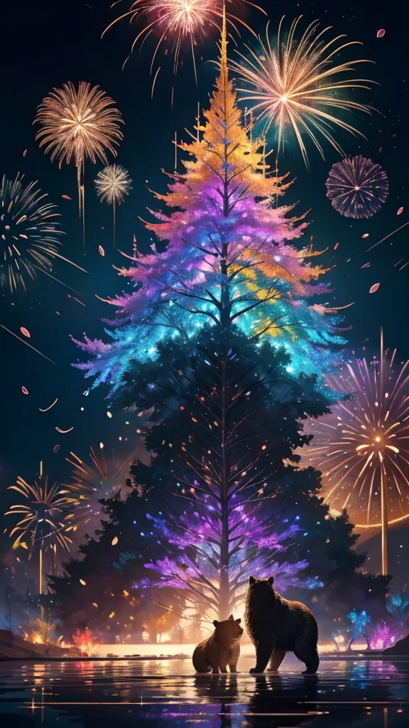 Rainbow colorsの子Bear、Bear、親子Bear、子Bear、Bear、子Bearたちに囲まれて、Mysterious Landscape、firework、firework大会、Rainbow colorsのfireworkが打ちあがっている瞬間、夜nullとともに、幻想的な海景色で壮大なfirework、future都市、Highest quality、masterpiece, (Diffuse reflection of light:1.2), When the fantastic rainbow turns into shadow, bathed in a mystical atmosphere.子Bearたちも見ています, Cast magic spells. evoke a sense of wonder and awe. A fusion of natural grandeur and magic, Weaving dreams into reality. Behold, null, And the unknown, Fleeting、And an eternal moment, 16K, Ultra-high resolution.Realistic, Ultra-high resolution, to be born,future、Rainbow colorsに光り輝く、Rainbow colors、The world 30 years from now。