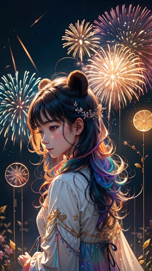 Rainbow colorsの子Bear、Bear、親子Bear、子Bear、Bear、子Bearたちに囲まれて、Mysterious Landscape、firework、firework大会、Rainbow colorsのfireworkが打ちあがっている瞬間、夜nullとともに、幻想的な海景色で壮大なfirework、future都市、Highest quality、masterpiece, (Diffuse reflection of light:1.2), When the fantastic rainbow turns into shadow, bathed in a mystical atmosphere.子Bearたちも見ています, Cast magic spells. evoke a sense of wonder and awe. A fusion of natural grandeur and magic, Weaving dreams into reality. Behold, null, And the unknown, Fleeting、And an eternal moment, 16K, Ultra-high resolution.Realistic, Ultra-high resolution, to be born,future、Rainbow colorsに光り輝く、Rainbow colors、The world 30 years from now。