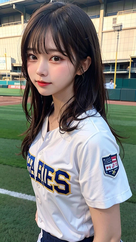 (8k, masterpiece, highest quality),girl1name、wet sweat、baseball、cheerleader clothes、Simple baseball stadium background、head shot