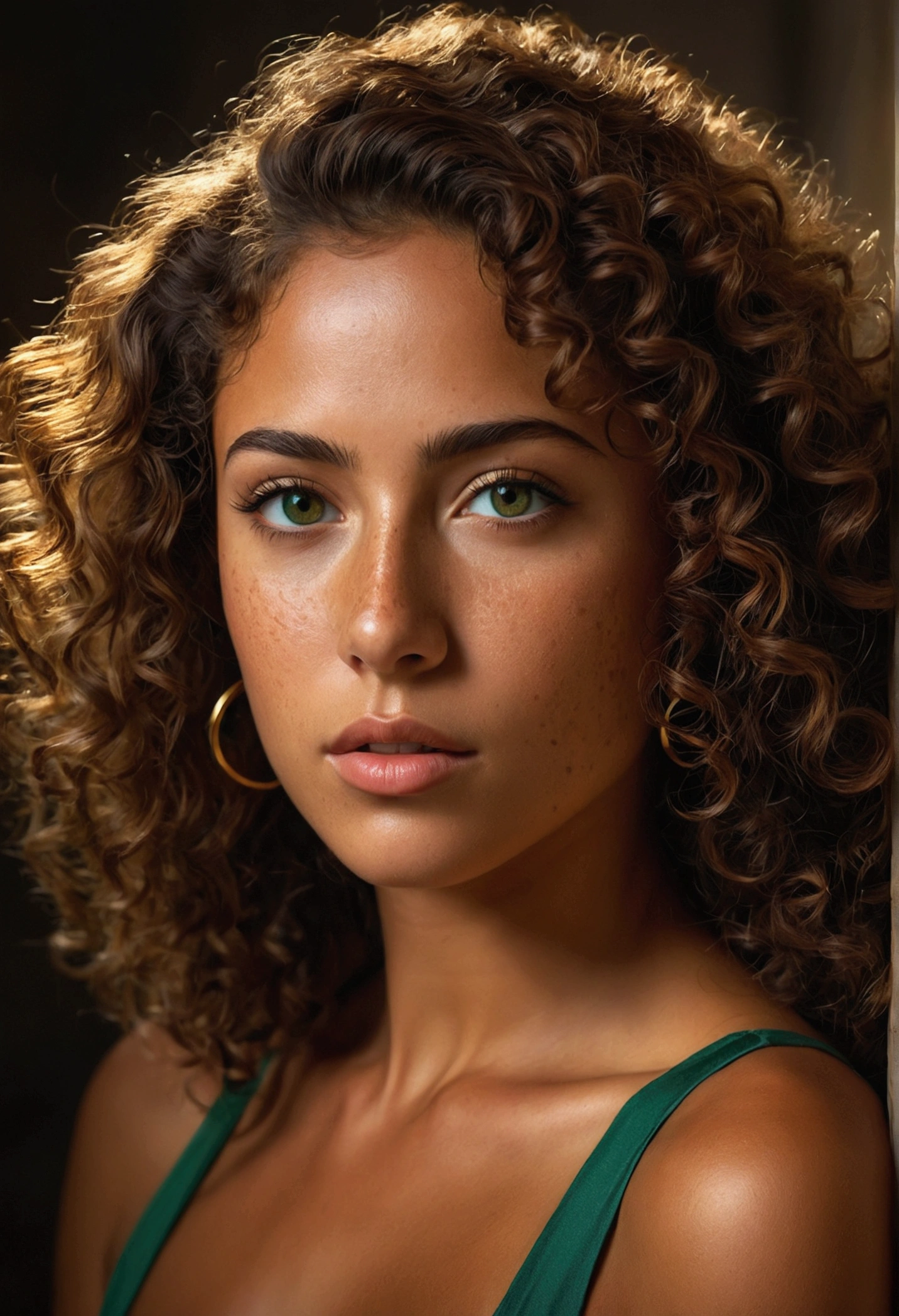 a gorgeous latina woman, beautiful detailed green eyes, flawless tanned skin, curly brown hair, freckles, acne, sexy body, elegant,alluring,charming, oil painting, cinematic lighting, detailed facial features, ultra-detailed, 8k, photorealistic, dramatic lighting, moody atmosphere, warm color palette, chiaroscuro lighting, dramatic shadows and highlights, ethereal, dreamlike