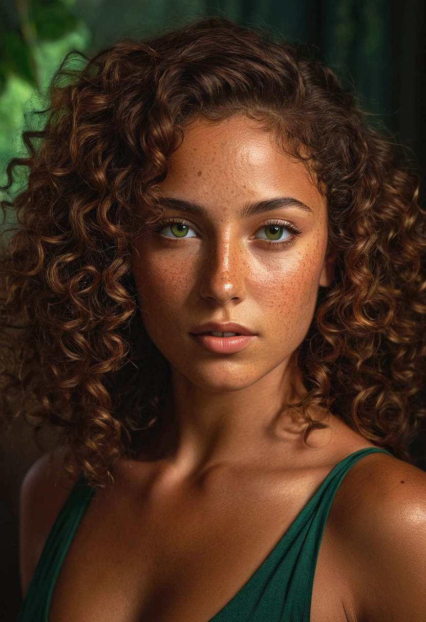 a gorgeous latina woman, beautiful detailed green eyes, flawless tanned skin, curly brown hair, freckles, acne, sexy body, elegant,alluring,charming, oil painting, cinematic lighting, detailed facial features, ultra-detailed, 8k, photorealistic, dramatic lighting, moody atmosphere, warm color palette, chiaroscuro lighting, dramatic shadows and highlights, ethereal, dreamlike