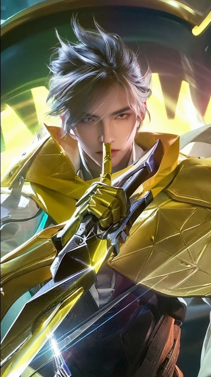 a handsome man in a bespoke suit holding a sword, long hair, detailed facial features, chiseled jawline, piercing eyes, dramatic lighting, cinematic angle, realistic, photorealistic, masterpiece, 8k, ultra-detailed, vivid colors, dramatic lighting