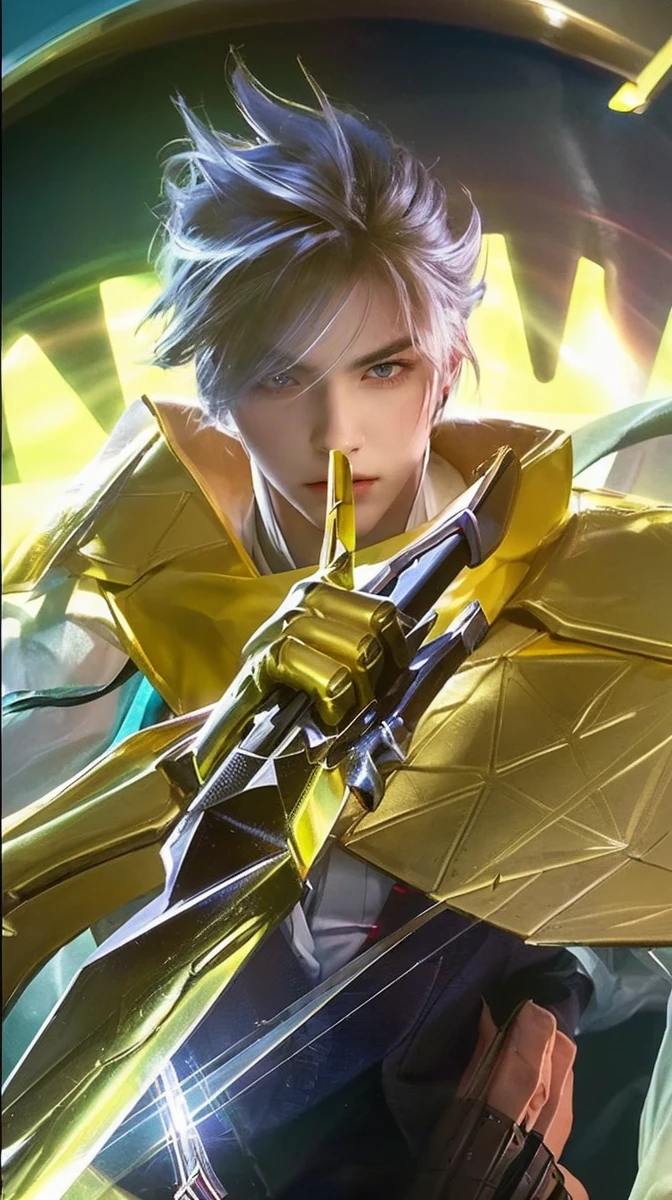 a handsome man in a bespoke suit holding a sword, long hair, detailed facial features, chiseled jawline, piercing eyes, dramatic lighting, cinematic angle, realistic, photorealistic, masterpiece, 8k, ultra-detailed, vivid colors, dramatic lighting