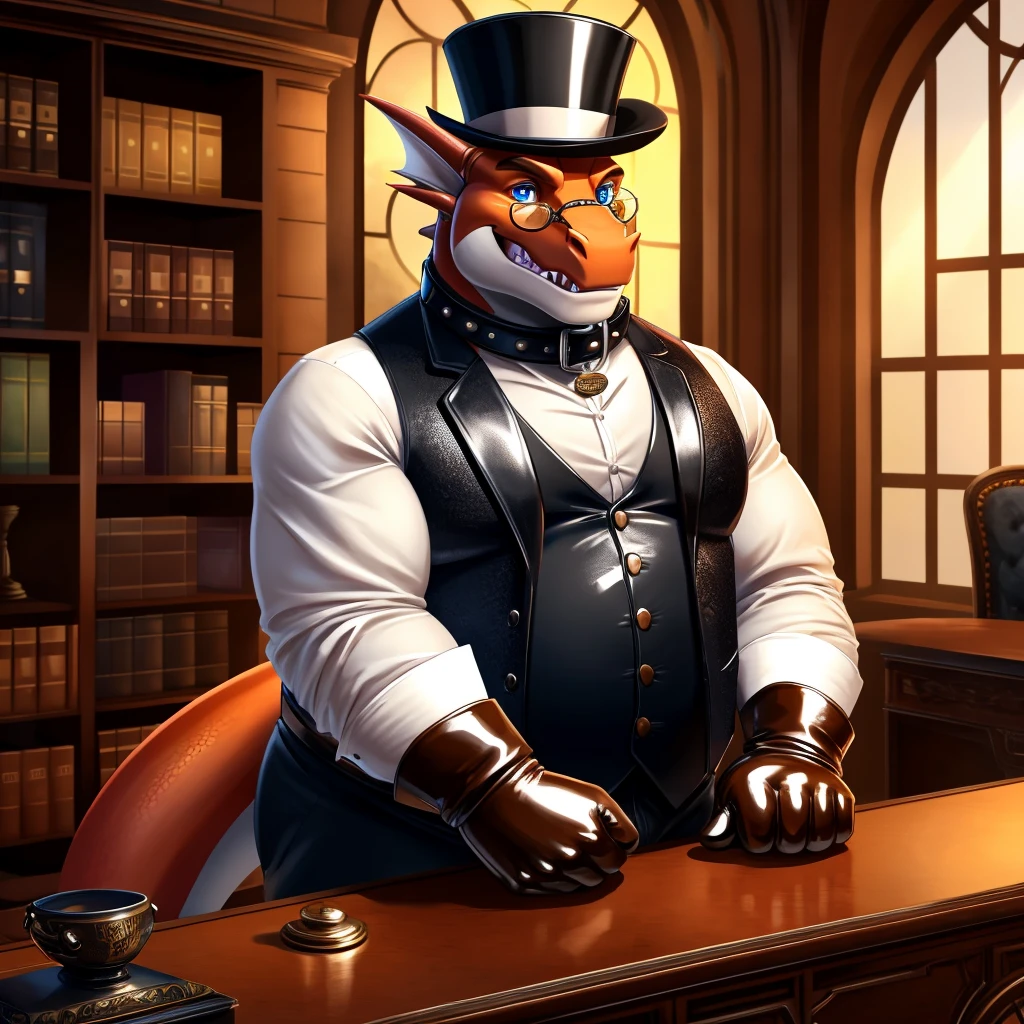 Solo, Male, fat, extremely obese, gentleman, dapper Professor Dragon, blue eyes, (posing:1.3), (soft shading), 4k, hi res, ((detailed face, detailed)), looking at viewer, mouth wide open, steampunk, dapper clothing, collared shirt with buttons, top hat, male focus, Explorer Outfit, glasses, monocle, vest with buttons, sleeves rolled up, round eyewear, brown headwear, brown vest, office, Dragon is wearing a glossy leather dog collar around the neck, Dragon is wearing the leather collar and shirt and vest at the same time, Dragon is wearing glossy white rubber gloves on the hands, wearing white rubber gloves on the feet, gloves are rubber in texture, clenching teeth, clenching fists, leather collar is glossy and shiny with a lot of detail, Dragon is wearing gloves and leather collar at the same time, leather collar has a round dog-tag, leather collar is thick and detailed, leather collar is glossy and shiny, fancy clothing, dapper vest, dapper shirt, leather collar is thick, glossy leather collar.