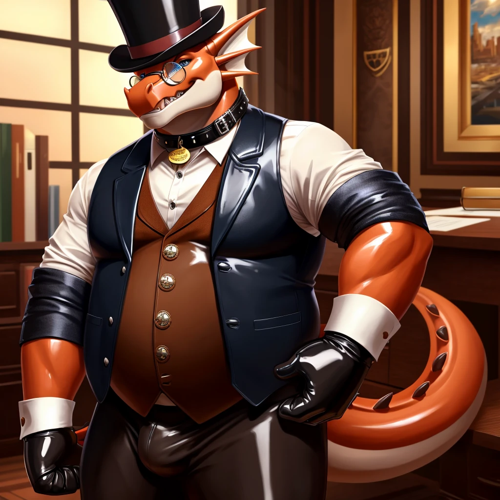 Solo, Male, fat, extremely obese, gentleman, dapper Professor Dragon, blue eyes, (posing:1.3), (soft shading), 4k, hi res, ((detailed face, detailed)), looking at viewer, mouth wide open, steampunk, dapper clothing, collared shirt with buttons, top hat, male focus, Explorer Outfit, glasses, monocle, vest with buttons, sleeves rolled up, round eyewear, brown headwear, brown vest, office, Dragon is wearing a glossy leather dog collar around the neck, Dragon is wearing the leather collar and shirt and vest at the same time, Dragon is wearing glossy white rubber gloves on the hands, wearing white rubber gloves on the feet, gloves are rubber in texture, clenching teeth, clenching fists, leather collar is glossy and shiny with a lot of detail, Dragon is wearing gloves and leather collar at the same time, leather collar has a round dog-tag, leather collar is thick and detailed, leather collar is glossy and shiny, fancy clothing, dapper vest, dapper shirt, leather collar is thick, glossy leather collar.