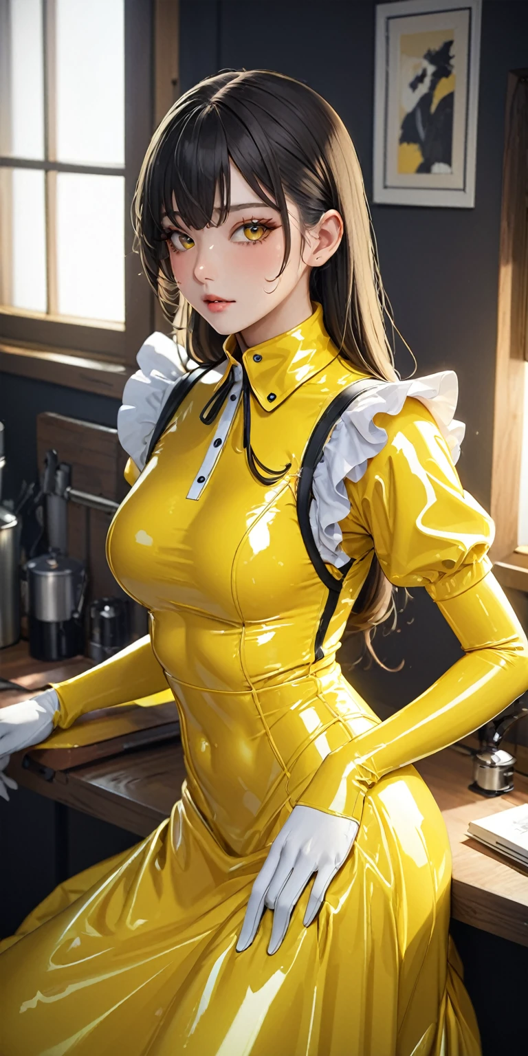 Portraiture、(masterpiece,Highest quality,Ultra-high resolution),Japanese women, (((Very beautiful 25 year old girl))),(Bright yellow latex maid outfit)、((Bright yellow latex long skirt))、(Bright yellow long sleeve latex shirt)、Bright yellow latex gloves、Bright yellow latex tights、Bright yellow latex bodysuit、Frills、The clothes fit snugly to the body、Latex is very shiny、Dark Room、