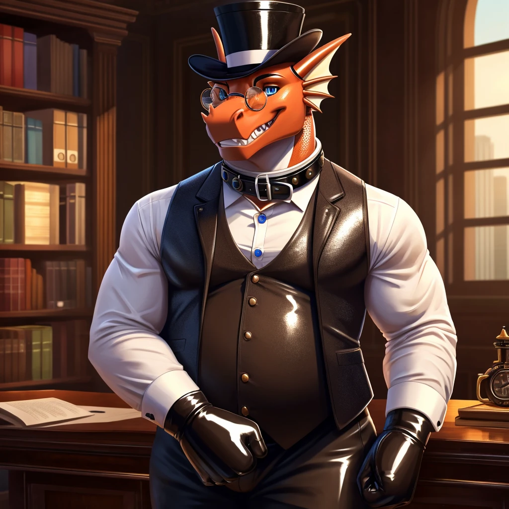 Solo, Male, fat, extremely obese, gentleman, dapper Professor Dragon, blue eyes, (posing:1.3), (soft shading), 4k, hi res, ((detailed face, detailed)), looking at viewer, mouth wide open, steampunk, dapper clothing, collared shirt with buttons, top hat, male focus, Explorer Outfit, glasses, monocle, vest with buttons, sleeves rolled up, round eyewear, brown headwear, brown vest, office, Dragon is wearing a glossy leather dog collar around the neck, Dragon is wearing the leather collar and shirt and vest at the same time, Dragon is wearing glossy white rubber gloves on the hands, wearing white rubber gloves on the feet, gloves are rubber in texture, clenching teeth, clenching fists, leather collar is glossy and shiny with a lot of detail, Dragon is wearing gloves and leather collar at the same time, leather collar has a round dog-tag, leather collar is thick and detailed, leather collar is glossy and shiny, fancy clothing, dapper vest, dapper shirt, leather collar is thick, glossy leather collar.