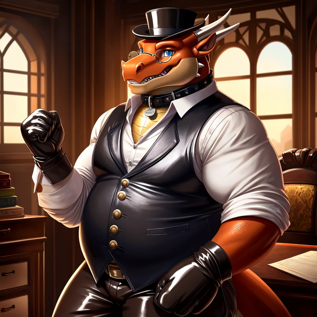 Solo, Male, fat, extremely obese, gentleman, dapper Professor Dragon, blue eyes, (posing:1.3), (soft shading), 4k, hi res, ((detailed face, detailed)), looking at viewer, mouth wide open, steampunk, dapper clothing, collared shirt with buttons, top hat, male focus, Explorer Outfit, glasses, monocle, vest with buttons, sleeves rolled up, round eyewear, brown headwear, brown vest, office, Dragon is wearing a glossy leather dog collar around the neck, Dragon is wearing the leather collar and shirt and vest at the same time, Dragon is wearing glossy white rubber gloves on the hands, wearing white rubber gloves on the feet, gloves are rubber in texture, clenching teeth, clenching fists, leather collar is glossy and shiny with a lot of detail, Dragon is wearing gloves and leather collar at the same time, leather collar has a round dog-tag, leather collar is thick and detailed, leather collar is glossy and shiny, fancy clothing, dapper vest, dapper shirt, leather collar is thick, glossy leather collar.
