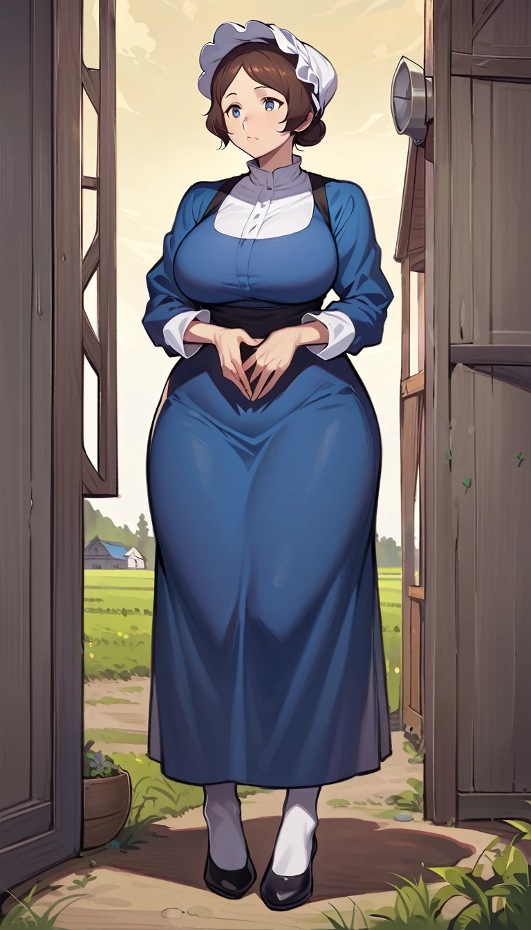 adult amish woman, 40 years old, pale skin, long sleeved blue dress, small black apron over her  blue dress, full body shown, very short brown hair in a conservative sleek bun, white bonnet kapp, wide hips, thick thighs, wearing simple black flats, thick legs, slightly below the knee dress, slight face wrinkles, tight sleeves, standing upright in a farm field, no makeup, hands on lap, side view, aged face, busty, hourglass body figure, rosy cheeks