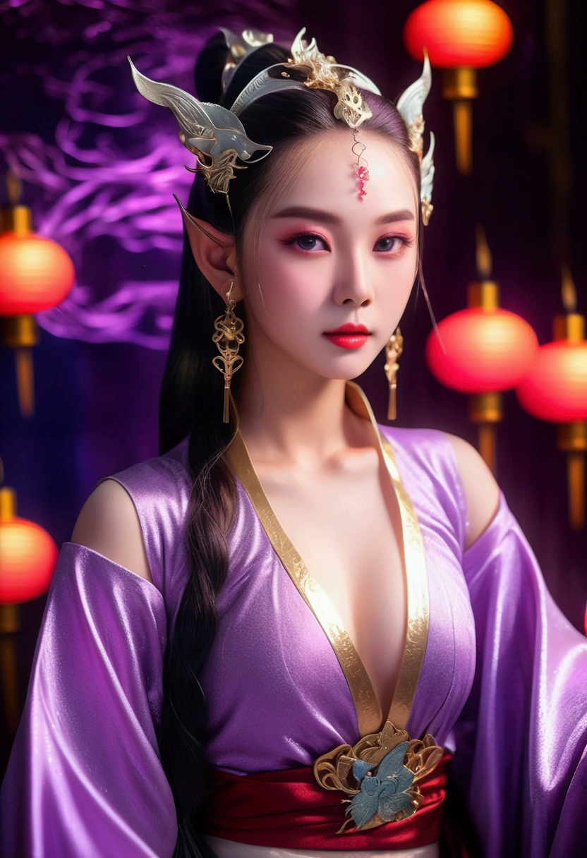 1 beautiful girl in hanfu, purple thin silk shirt,red,The textures are diverse., white color, Long platinum ponytail, hair accessories, earring, Light purple rabbit ears, Necklaces and necklaces, Carefully draw large purple eyes., delicate makeup, Thin eyebrows, high nose, ริมฝีปากredน่ารัก, No smile., Pursing your lips, blushing, wide chest, big breasts , Well-proportioned breasts, Thin waist, Purple mesh socks, Hanfu Chinese style, Fictional art textures, Vivid and realistic colours, RAW photos, Realistic photos, Ultra high quality 8k surreal photos., (Powerful fantasy lighting effects: 1.8), 10x pixels, magic effect (background): 1.8), Highly detailed eyes, Full body portrait of a young woman, solo girl, 汉服background,