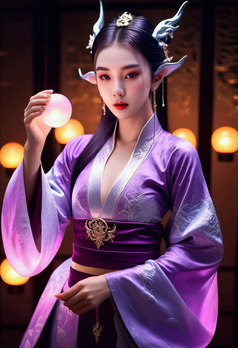 1 beautiful girl in hanfu, purple thin silk shirt，red，The textures are diverse., white color, Long platinum ponytail, hair accessories, earring, Light purple rabbit ears, Necklaces and necklaces, Carefully draw large purple eyes., delicate makeup, Thin eyebrows, high nose, ริมฝีปากredน่ารัก, No smile., Pursing your lips, blushing, wide chest, big breasts , Well-proportioned breasts, Thin waist, Purple mesh socks, Hanfu Chinese style, Fictional art textures, Vivid and realistic colours, RAW photos, Realistic photos, Ultra high quality 8k surreal photos., (Powerful fantasy lighting effects: 1.8), 10x pixels, magic effect (background): 1.8), Highly detailed eyes, Full body portrait of a young woman, solo girl, 汉服background,