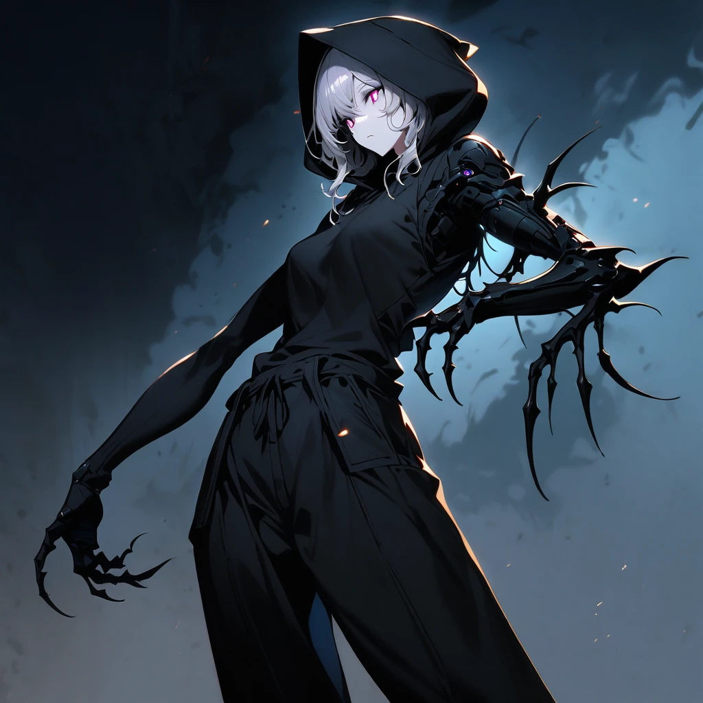 (well done:1) woman, short yellow slightly wavy hair, black horns and a black areola, white eyes, The arm starts at the top with a very light, almost white skin color.  As it travels down the arm, the color gradually changes to a smoky gray that becomes increasingly darker.  This transition is smooth and looks like a shadow effect or spots that spread across the arm. The lower part of the arm and the hand are completely black.  The arm, giving an almost skeletal appearance. The fingers are long, thin and well articulated, with visibly defined joints.  The hand and fingers have a somewhat angular and tapered shape, which gives the impression of claws or something similar.  The skin texture appears rough.  Loose gray sweatshirt with hood, loose black pants, black flip-flops.