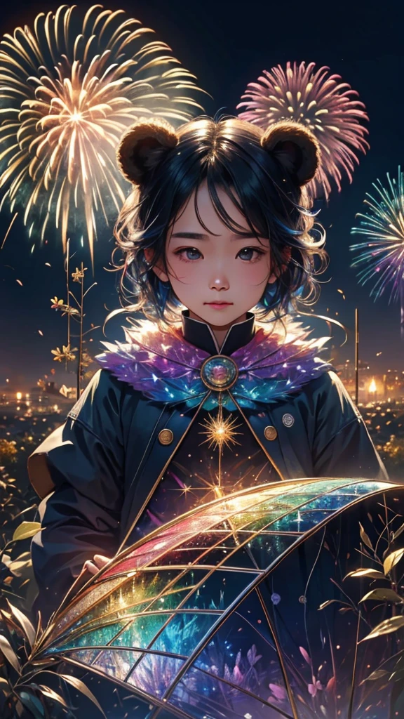 Rainbow colorsの子Bear、Bear、親子Bear、子Bear、Bear、子Bearたちに囲まれて、Mysterious Landscape、firework、firework大会、Rainbow colorsのfireworkが打ちあがっている瞬間、夜nullとともに、幻想的な海景色で壮大なfirework、future都市、Highest quality、masterpiece, (Diffuse reflection of light:1.2), When the fantastic rainbow turns into shadow, bathed in a mystical atmosphere.子Bearたちも見ています, Cast magic spells. evoke a sense of wonder and awe. A fusion of natural grandeur and magic, Weaving dreams into reality. Behold, null, And the unknown, Fleeting、And an eternal moment, 16K, Ultra-high resolution.Realistic, Ultra-high resolution, to be born,future、Rainbow colorsに光り輝く、Rainbow colors、The world 30 years from now。
