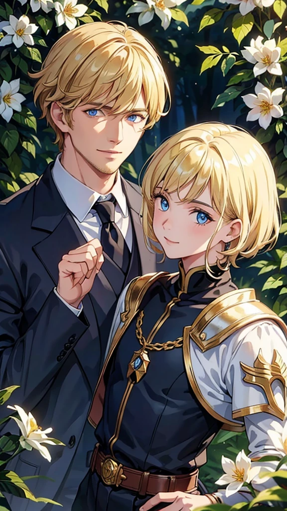 ((masterpiece: 1.2, Top quality)), ((2 men)), Short Blonde, blue eyes (Handsome: 1.4), White suit, , Royal Family, The Tough Black Knight, Black short hair, Golden Eyes, There is a scar on the right eye, Black Armor, fantasy, forest, Blooming flowers, Sunlight, Wonderful light and shadow, landscape, The face is rich in detail, portrait, Smile