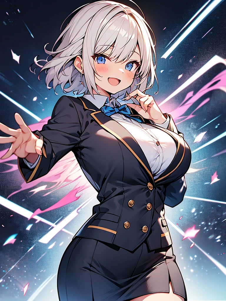 huge breasts,breasts clothes,silhouette,ultra large school blazer uniform,short hair,loose-fitting blouse,Sporty aura,
happy laughter,energetic for nothing,Excessive youth,