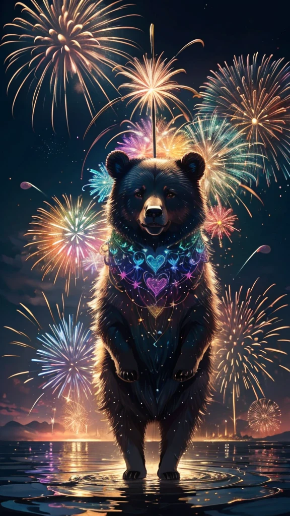 Rainbow colorsの子Bear、Bear、親子Bear、子Bear、Bear、子Bearたちに囲まれて、Mysterious Landscape、firework、firework大会、Rainbow colorsのfireworkが打ちあがっている瞬間、夜nullとともに、幻想的な海景色で壮大なfirework、future都市、Highest quality、masterpiece, (Diffuse reflection of light:1.2), When the fantastic rainbow turns into shadow, bathed in a mystical atmosphere.子Bearたちも見ています, Cast magic spells. evoke a sense of wonder and awe. A fusion of natural grandeur and magic, Weaving dreams into reality. Behold, null, And the unknown, Fleeting、And an eternal moment, 16K, Ultra-high resolution.Realistic, Ultra-high resolution, to be born,future、Rainbow colorsに光り輝く、Rainbow colors、The world 30 years from now。