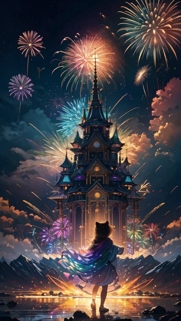 Rainbow colorsの子Bear、Bear、親子Bear、子Bear、Bear、子Bearたちに囲まれて、Mysterious Landscape、firework、firework大会、Rainbow colorsのfireworkが打ちあがっている瞬間、夜nullとともに、幻想的な海景色で壮大なfirework、future都市、Highest quality、masterpiece, (Diffuse reflection of light:1.2), When the fantastic rainbow turns into shadow, bathed in a mystical atmosphere.子Bearたちも見ています, Cast magic spells. evoke a sense of wonder and awe. A fusion of natural grandeur and magic, Weaving dreams into reality. Behold, null, And the unknown, Fleeting、And an eternal moment, 16K, Ultra-high resolution.Realistic, Ultra-high resolution, to be born,future、Rainbow colorsに光り輝く、Rainbow colors、The world 30 years from now。