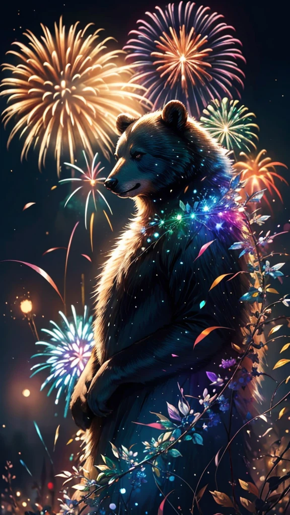 Rainbow colorsの子Bear、Bear、親子Bear、子Bear、Bear、子Bearたちに囲まれて、Mysterious Landscape、firework、firework大会、Rainbow colorsのfireworkが打ちあがっている瞬間、夜nullとともに、幻想的な海景色で壮大なfirework、future都市、Highest quality、masterpiece, (Diffuse reflection of light:1.2), When the fantastic rainbow turns into shadow, bathed in a mystical atmosphere.子Bearたちも見ています, Cast magic spells. evoke a sense of wonder and awe. A fusion of natural grandeur and magic, Weaving dreams into reality. Behold, null, And the unknown, Fleeting、And an eternal moment, 16K, Ultra-high resolution.Realistic, Ultra-high resolution, to be born,future、Rainbow colorsに光り輝く、Rainbow colors、The world 30 years from now。