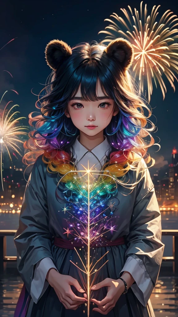 Rainbow colorsの子Bear、Bear、親子Bear、子Bear、Bear、子Bearたちに囲まれて、Mysterious Landscape、firework、firework大会、Rainbow colorsのfireworkが打ちあがっている瞬間、夜nullとともに、幻想的な海景色で壮大なfirework、future都市、Highest quality、masterpiece, (Diffuse reflection of light:1.2), When the fantastic rainbow turns into shadow, bathed in a mystical atmosphere.子Bearたちも見ています, Cast magic spells. evoke a sense of wonder and awe. A fusion of natural grandeur and magic, Weaving dreams into reality. Behold, null, And the unknown, Fleeting、And an eternal moment, 16K, Ultra-high resolution.Realistic, Ultra-high resolution, to be born,future、Rainbow colorsに光り輝く、Rainbow colors、The world 30 years from now。