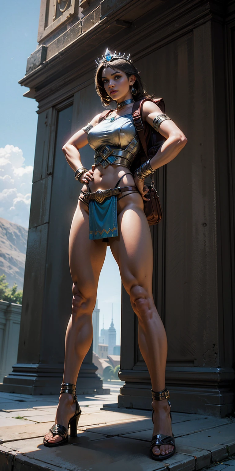 full body, whole body. 1solo (girl). slave fighter, loincloth standing, hands on hips full body, whole body. 1solo (girl). slave fighter, loincloth standing, hands on hips, metal sandals, backpack, choker, big belt, view from below, feet together, bracers, tiara