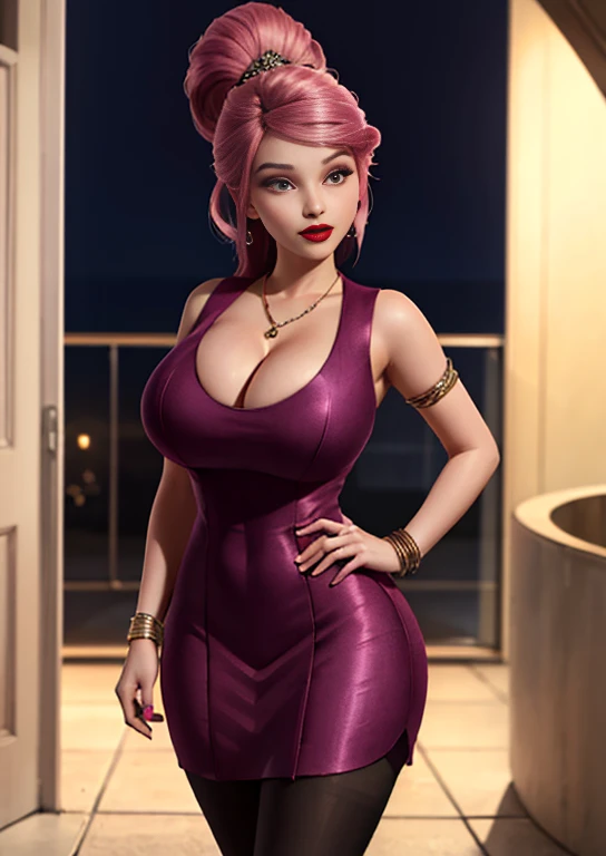 Vidia, modern disney, bracelet,ring, university student,Pink Hair,Huge ,Cleavagt,miniskirt,pantyhose,cute,ace,earrings,shy,Red lips,夜Dress,Dress,Prom Dress Up,Dress Up