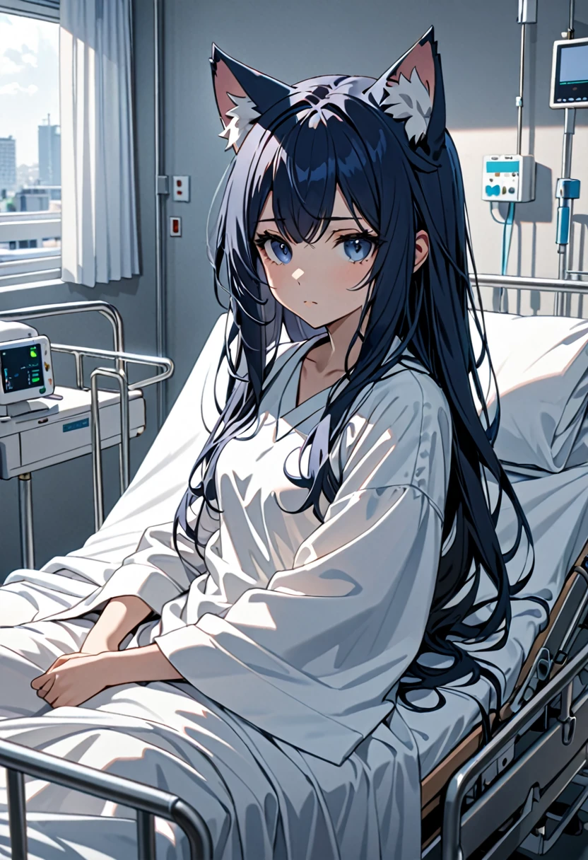 8K Ultra High-Quality, ultra-detailed, High quality, Dark Blue hair, Long hair, cat girl, sitting on a hospital bed, white blanket, head cast, and looking away from the viewers