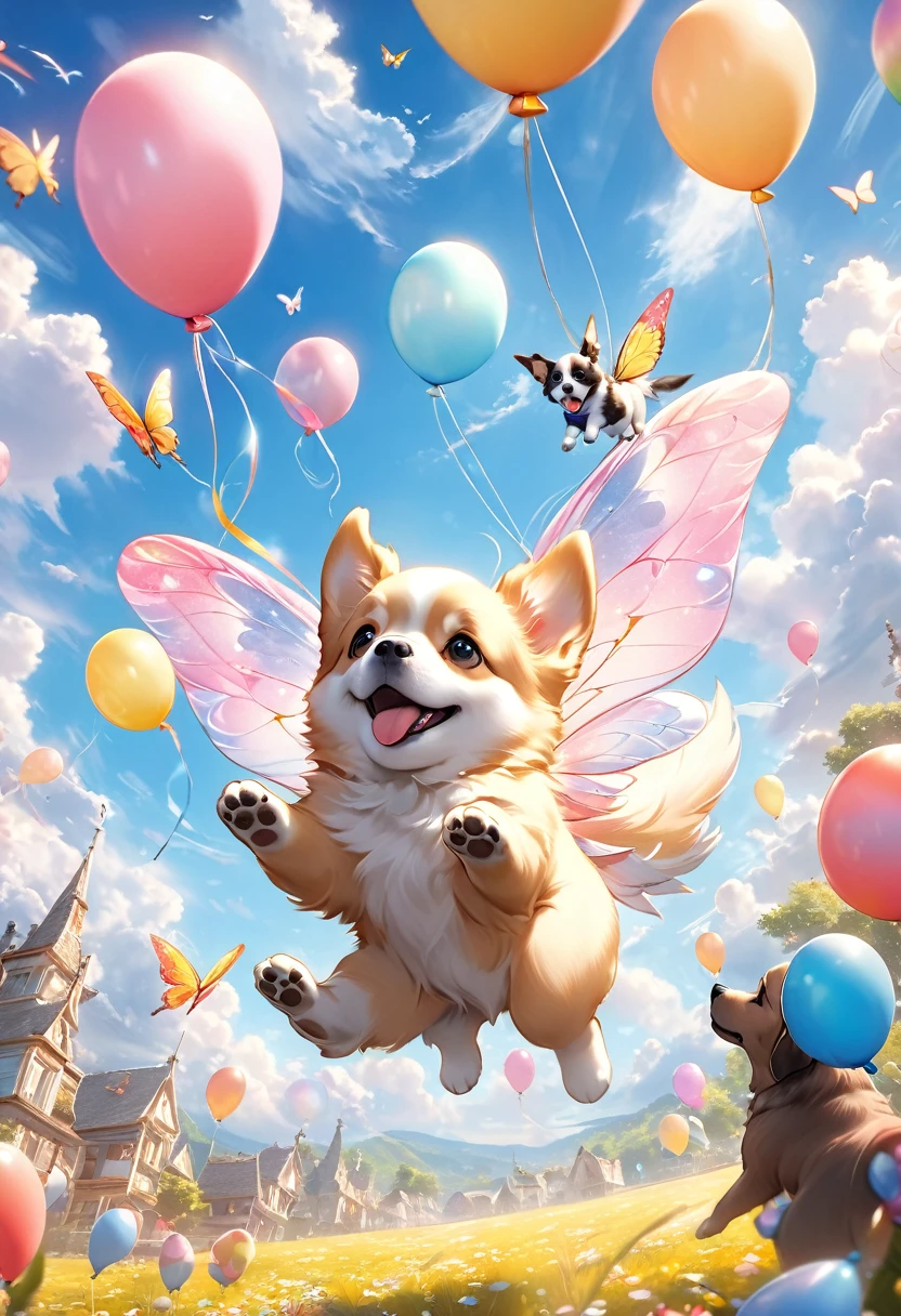 1dog, cute flying puppy with huge beautiful Swallowtail butterfly-wings, intricate detailed vibrant colors shining wings, puppy holding many balloons, floating gently between clouds in the wide sky, dreamy, cozy space, joyful expression dancing in the sky, (best quality,4k,8k,highres,masterpiece:1.2),ultra-detailed,(realistic,photorealistic,photo-realistic:1.37), cute expression, playful, whimsical, pastel colors, soft lighting, cinematic, fantasy, ethereal