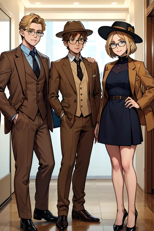 male, blonde short messy hair, blue eyes, (((1boy))), (((brown suit jacket))), (white dress shirt), (golden yellow vest), (brown dress pants), (black necktie), (black dress shoes), (brown trilby hat), (glasses), young, long legs, smiling