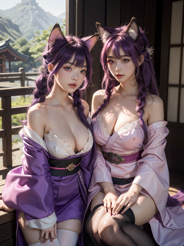 masterpiece, best quality,multiple girls, breasts, 2girls, s,yae miko, raiden shogun, purple eyes, pink hair, japanese clothes, purple hair, large breasts, long hair, cleavage, hair ornament, thighs, purple kimono, thighhighs, bangs, animal ears, detached sleeves, fox ears, wide sleeves, kimono, moon,, braid