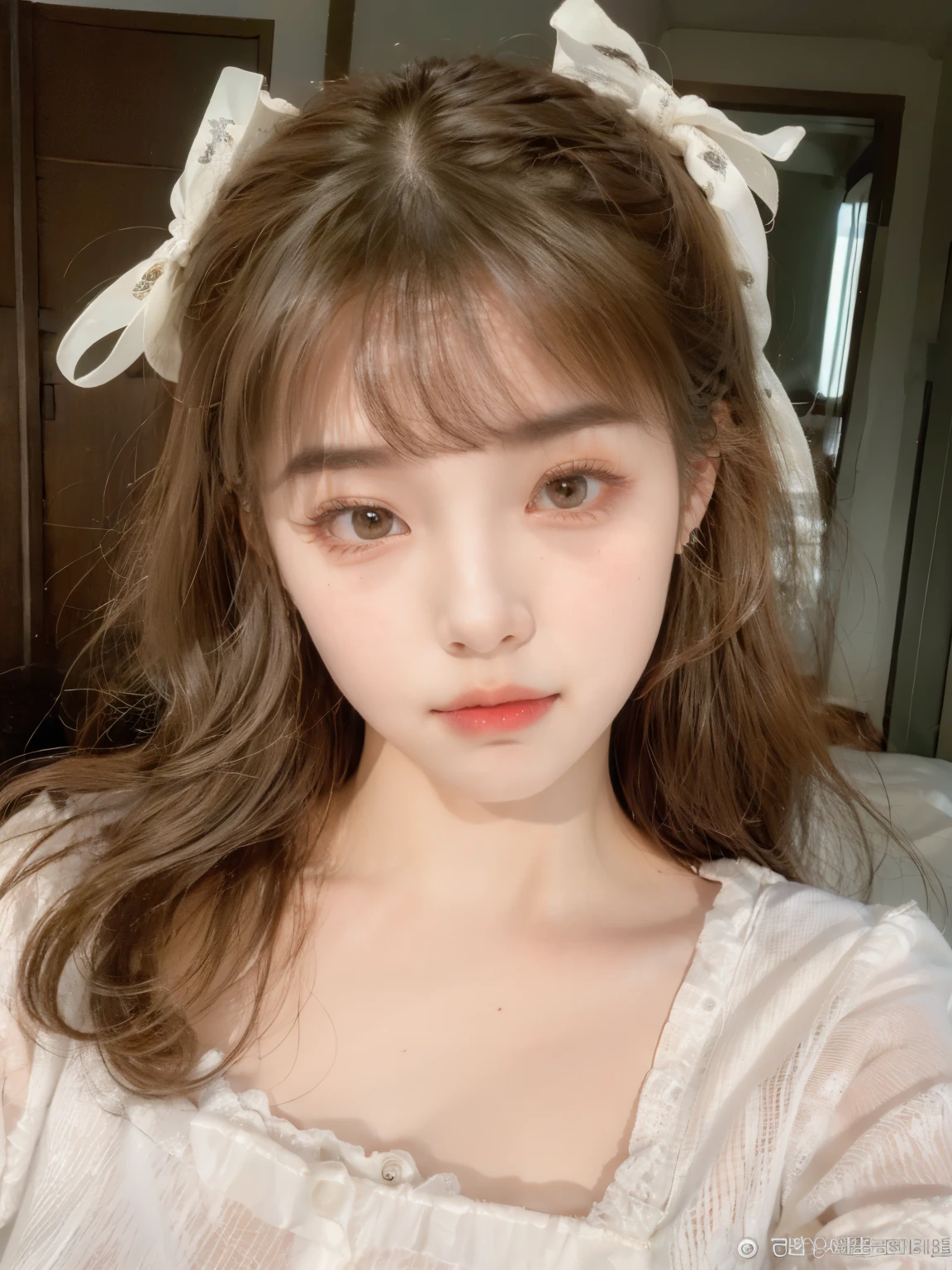 There is a young woman with a bow on her head, Larissa Manoval, Best Face, beautiful natural anime face, popular makeup in korea, Young and lovely Korean face, popular korean makeup, cute realistic portrait, Fluffy bangs, delicate and attractive face, Tidy up your hair neatly with bangs, Wow lovely Korean face, Korean woman, Clear and beautiful face, sakimichan