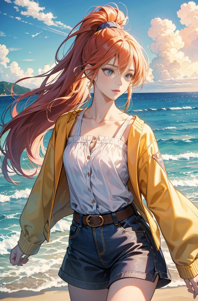 Very colorful, Pop feel, Blue sky, cumulonimbus, California, Pasadena, Beach, Seaside, Summer image, sense of openness, Beautiful woman with orange ponytail, Very beautiful detailed eyes, Beautiful and delicate eyes, Around 25 years old, Wearing a jacket, stylish belt, Perfect tall model figure,mysterious, Cool Beauty, West Coast, Shining summer memories, Anime drawing by Yang J, シティポップのお洒落なCD jacket, Art Station Trends, realism, extremely detailed The buds of art, Realistic anime 3D style, Anime Style 4 k, Up to the model | The buds of art, Anime Style. 8k, Casual clothing, Realistic anime art style, style The buds of art, Sharp contours, Highest quality, The perfect angle, Perfect composition, Perfect subject, Best Shot, Official Art,CD jacket, 80's City Pop, Stylish, Very stylish, Anime drawings inspired by Yanjun Chen, Trending on Art Station, realism, Anime Style 4 k, Anime Style. 8k, Realistic Anime 3D Style, Realistic anime art style, Digital anime illustration, Style Anime, Gweiz-style artwork, Anime Style illustration, Digital anime art
