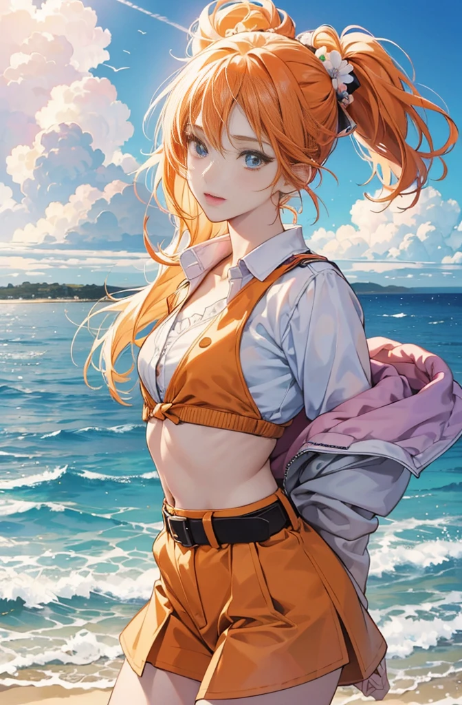 Very colorful, Pop feel, Blue sky, cumulonimbus, California, Pasadena, Beach, Seaside, Summer image, sense of openness, Beautiful woman with orange ponytail, Very beautiful detailed eyes, Beautiful and delicate eyes, Around 25 years old, Wearing a jacket, stylish belt, Perfect tall model figure,mysterious, Cool Beauty, West Coast, Shining summer memories, Anime drawing by Yang J, シティポップのお洒落なCD jacket, Art Station Trends, realism, extremely detailed The buds of art, Realistic anime 3D style, Anime Style 4 k, Up to the model | The buds of art, Anime Style. 8k, Casual clothing, Realistic anime art style, style The buds of art, Sharp contours, Highest quality, The perfect angle, Perfect composition, Perfect subject, Best Shot, Official Art,CD jacket, 80's City Pop, Stylish, Very stylish, Anime drawings inspired by Yanjun Chen, Trending on Art Station, realism, Anime Style 4 k, Anime Style. 8k, Realistic Anime 3D Style, Realistic anime art style, Digital anime illustration, Style Anime, Gweiz-style artwork, Anime Style illustration, Digital anime art