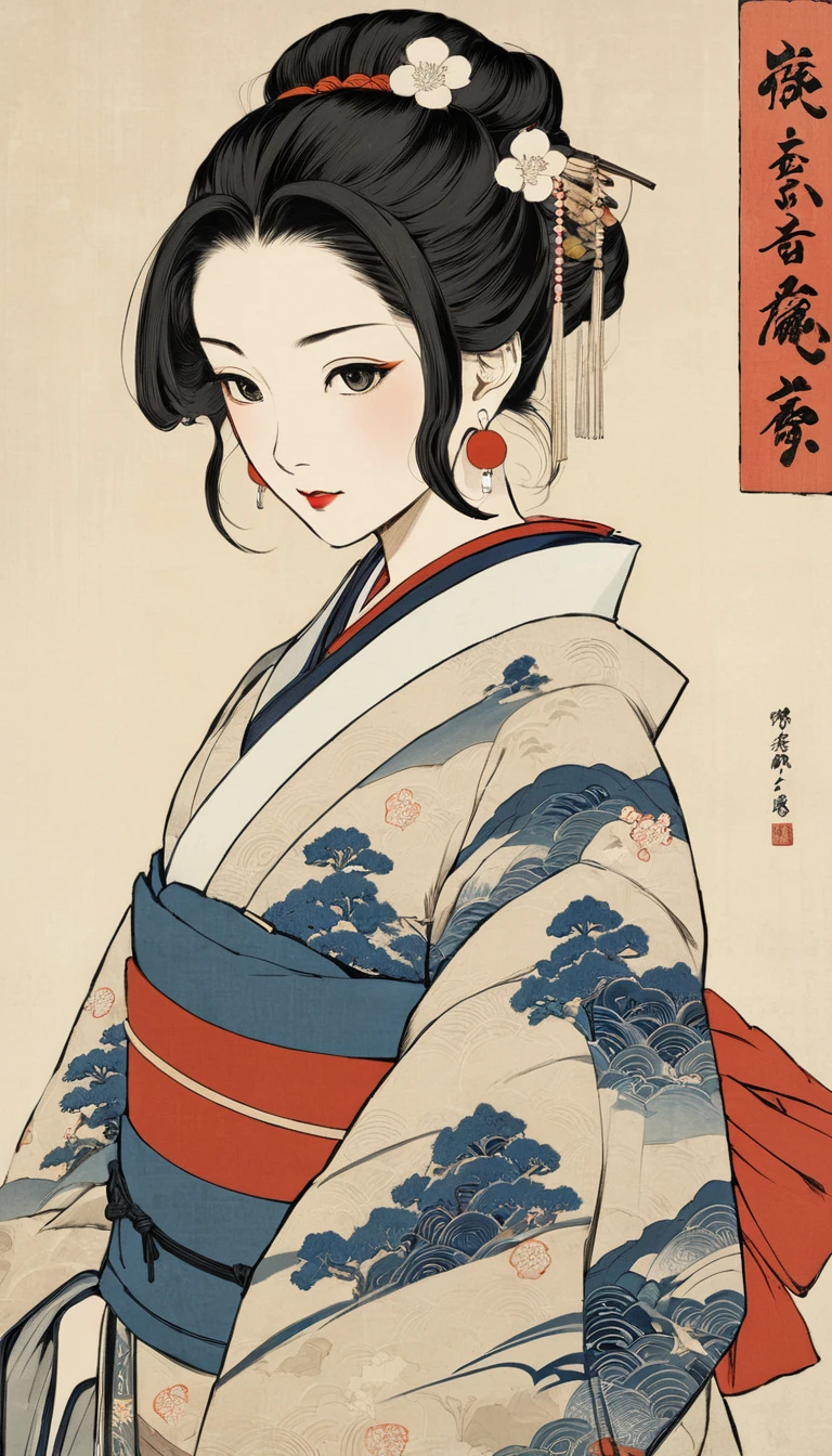 (masterpiece, Highest quality:1.2), One girl, alone,bony body、15 years old、Earrings、Edo Period、Ukiyo-e style