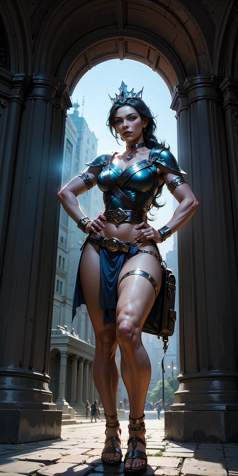 full body, whole body 1solo (girl) slave fighter, loincloth standing, hands on hips, metal sandals, backpack, choker, big belt, view from below, feet together, bracers, tiara