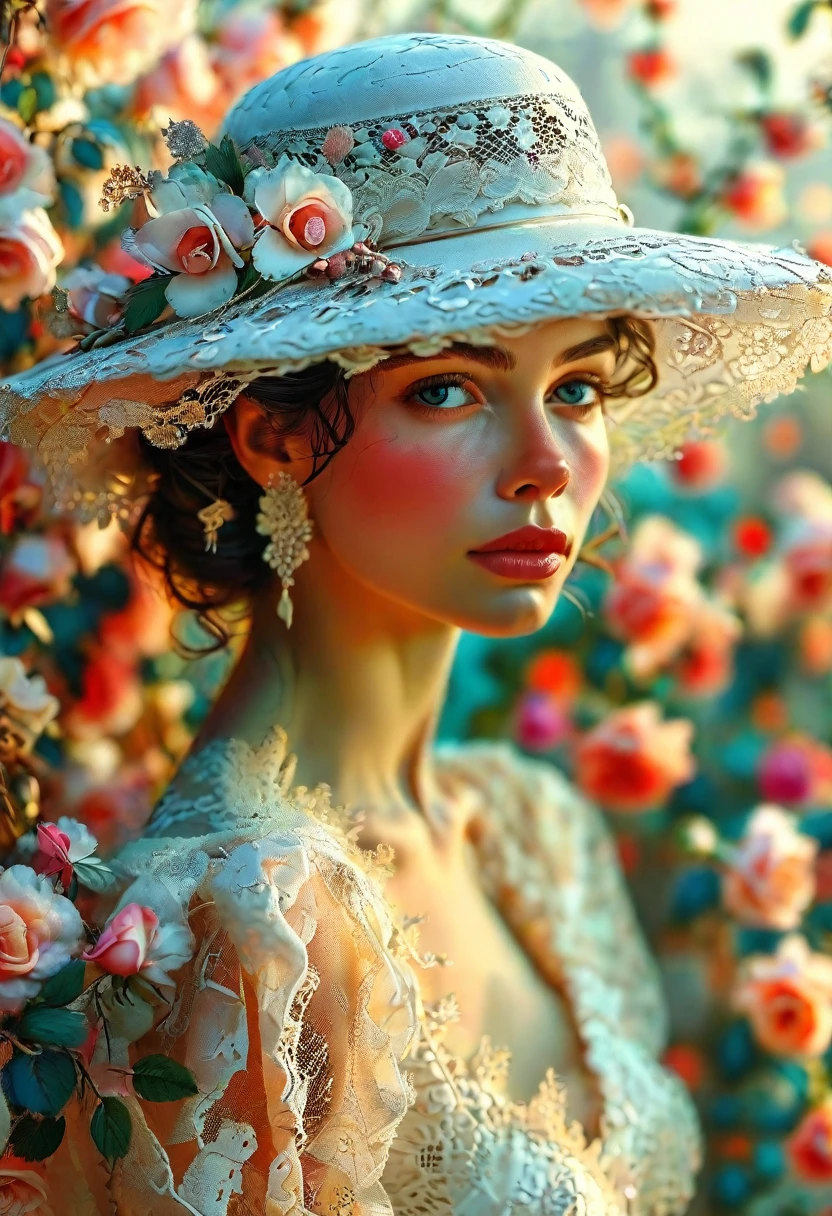 Elegant woman, splendid white dress, fashionable hat, vibrant makeup, sophisticated style, feminine delicacy, lush rose garden, soft and pastel tones, gentle and warm lighting, focus on facial expression, detail in lace and accessories, high-resolution digital art, realism with an artistic touch, inspired by vintage and contemporary fashion, without exclusions.The bottom right corner of the image has a signature that reads "Sonia M", perfectly readable.