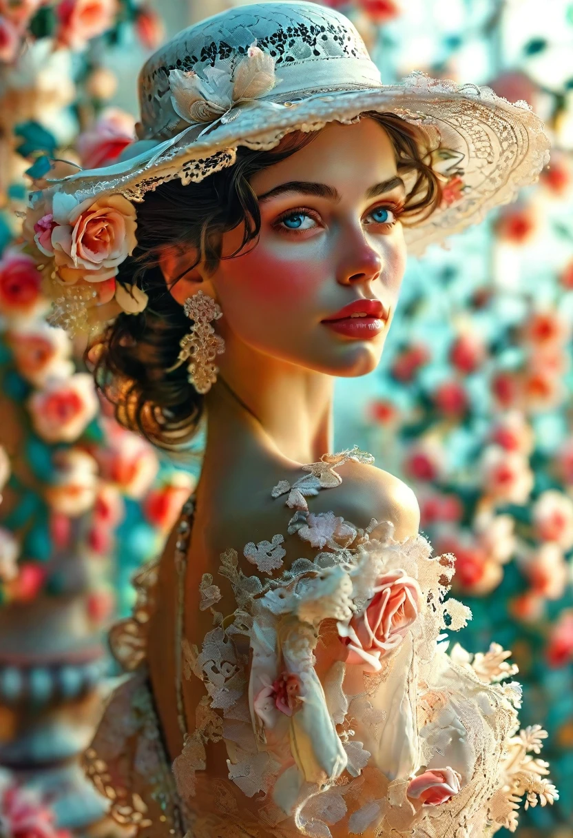 Elegant woman, splendid white dress, fashionable hat, vibrant makeup, sophisticated style, feminine delicacy, lush rose garden, soft and pastel tones, gentle and warm lighting, focus on facial expression, detail in lace and accessories, high-resolution digital art, realism with an artistic touch, inspired by vintage and contemporary fashion, without exclusions.The bottom right corner of the image has a signature that reads "Sonia M", perfectly readable.