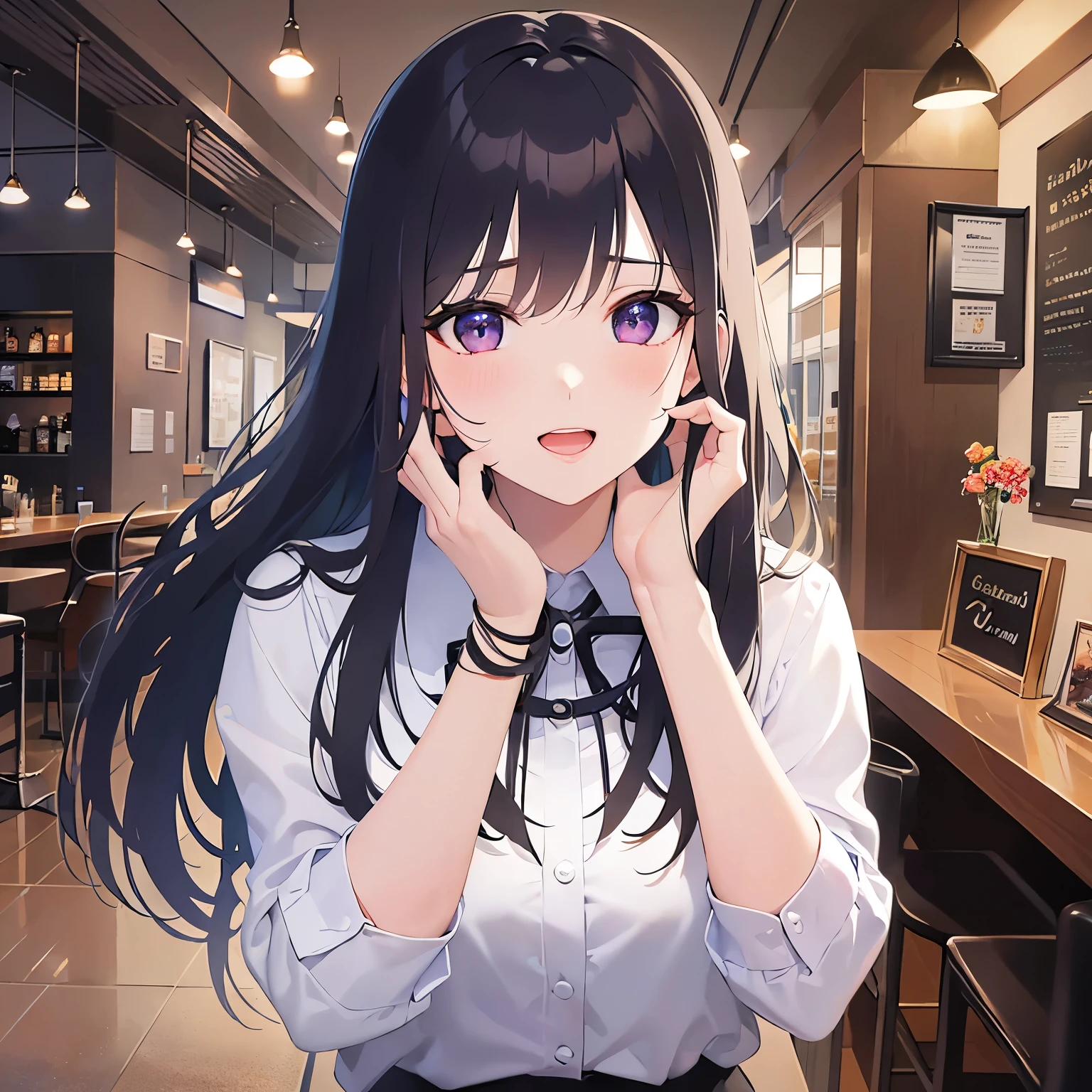 hand on own face, Upper Body, Realistic, real person, (pale skin: 1.2), RAW photo, photorealistic, shiny skin, shiny hair、(A 25-year-old woman with straight hair and bangs) and (medium hair) and (black hair) and (purple eyes) , (white collared shirt)、(blush:1.3), smile, open mouth, The background is the interior of a restaurant at night.、Alone、Are standing