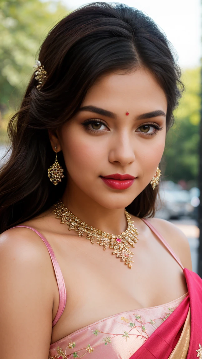 perfect pink eyes, fantastic face, Indian, beautiful look, ((red lips, bright eyes, curve heir 1.5)), ((beautiful details very big breast )), (Straight round and ultra huge clevage, not sagging breast), A glorious gorgeous, glorious gorgeous face, pretty face, bright eyes, detailed elegant printed red saree, updo elegant hair, blurred gray tones background, ultra focus, face ilumined, face detailed, 8k resolution, painted, dry brush, brush strokes, razumov style and garmash style, by Tokaito, (fluorescent colours:1.4),(semi transparent:1.4),(retro filters:1.4),(fanciful:1.4),Candy World Disneyland Ethereal Soft Fluffy Soft Landscape Forest Snowflake Pale Pink Sky Green Blue Sparkling Ethereal Light Soft Whimsical Light Rainbow Stars Diamond Sparkle Gemstone Background Ultra Realistic Ultra High Quality Cinematic Lighting Huge Details Full HD Painting Plenty of light,diagonal bangs, Dress with collar,side masterpiece, best qualityer,realskin,(sportrait:1.5), 1girll, bluntbangs, long whitr hair,