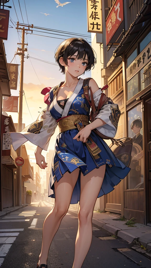 (perfect anatomy:1.2)(absurdres, highres, ultra detailed),masterpiece,best quality,high resolution,8k,Realistic face,Realistic skin texture,magnified textures, stunning clarity,detailed anime girl,(ultra detailed eyes and face),(:1.2),(baby face:1.se girl,floral printed blue yukata,、(very short hair, two side up:1.4)、tareme,light brown hair:1.2,kanzashi、glamor、short stature、(Impatience:1.4)(in a hurry:1.5)(bust up:1.4),Steampunk in the Edo Period、(Vivid hieroglyph signs and street advertisements:1.2)、,autumn、hieroglyph,souk、Shopping Street、Ancient Egyptian statues,reaching out,(tanned skin:1.3 ),big breasts,look up viewer,round face,Shoulder Bare,(from front:1.2),cleavage cutout,(running:1.5)(dashing:1.5)