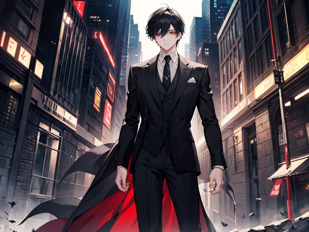 Henry is a 30 year old man with black hair and sharp red eyes like a hawk, Henry wearing a black suit and tie taken in the early 2020s, gotham, alejandro, she looks very graceful,short black hair combed to the left side, dynamic posture, one person,He is a firm figure and has a face that tends to be a bit stiff, he has eye bags that are quite obvious, and he has pale white skin, I think he is around 185cm tall with a good and sturdy body size.