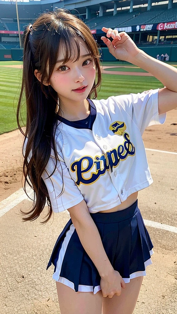 (8k, masterpiece, highest quality),girl1name、wet sweat、baseball、cheerleader clothes、Simple baseball stadium background、head shot、chocolate banana in hand