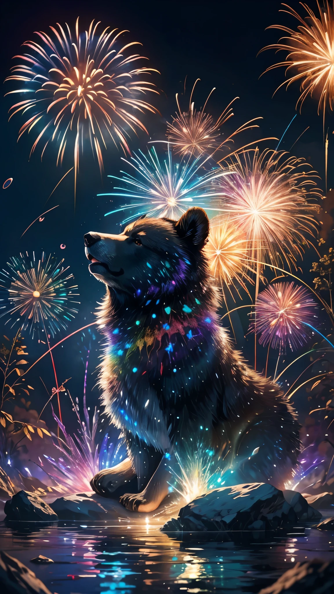 Rainbow colorsの子Bear、Bear、親子Bear、子Bear、Bear、子Bearたちに囲まれて、Mysterious Landscape、firework、firework大会、Rainbow colorsのfireworkが打ちあがっている瞬間、夜nullとともに、幻想的な海景色で壮大なfirework、future都市、Highest quality、masterpiece, (Diffuse reflection of light:1.2), When the fantastic rainbow turns into shadow, bathed in a mystical atmosphere.子Bearたちも見ています, Cast magic spells. evoke a sense of wonder and awe. A fusion of natural grandeur and magic, Weaving dreams into reality. Behold, null, And the unknown, Fleeting、And an eternal moment, 16K, Ultra-high resolution.Realistic, Ultra-high resolution, to be born,future、Rainbow colorsに光り輝く、Rainbow colors、The world 30 years from now。