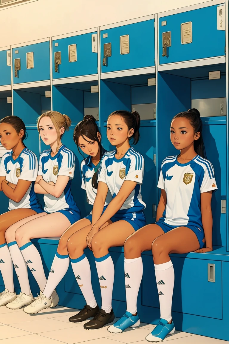 Group of girls, in locker room, Soccer uniform, fullbody shot, sitting on benches, sweaty