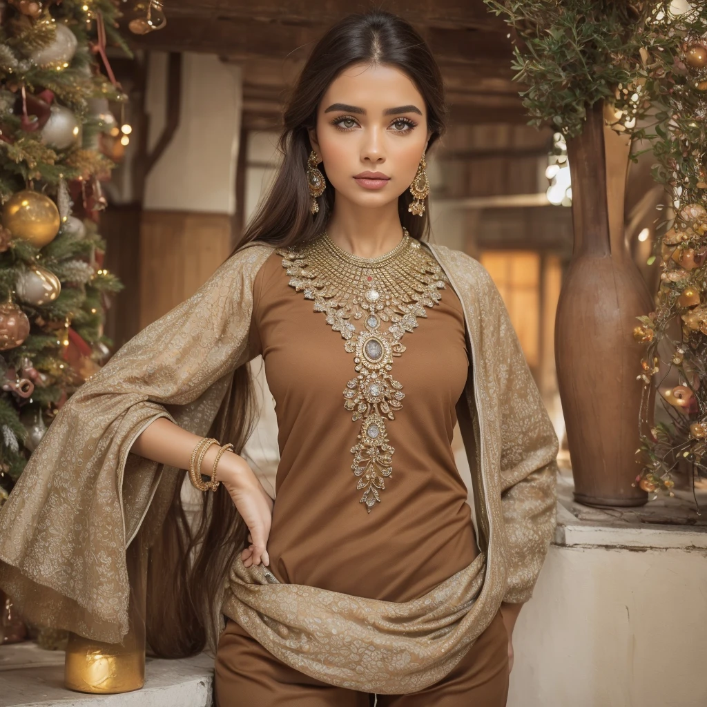 1 beautiful young women ,with a beautiful, very realistic face, a beautiful body,a magnificent brown outfit and magnificent jewelry