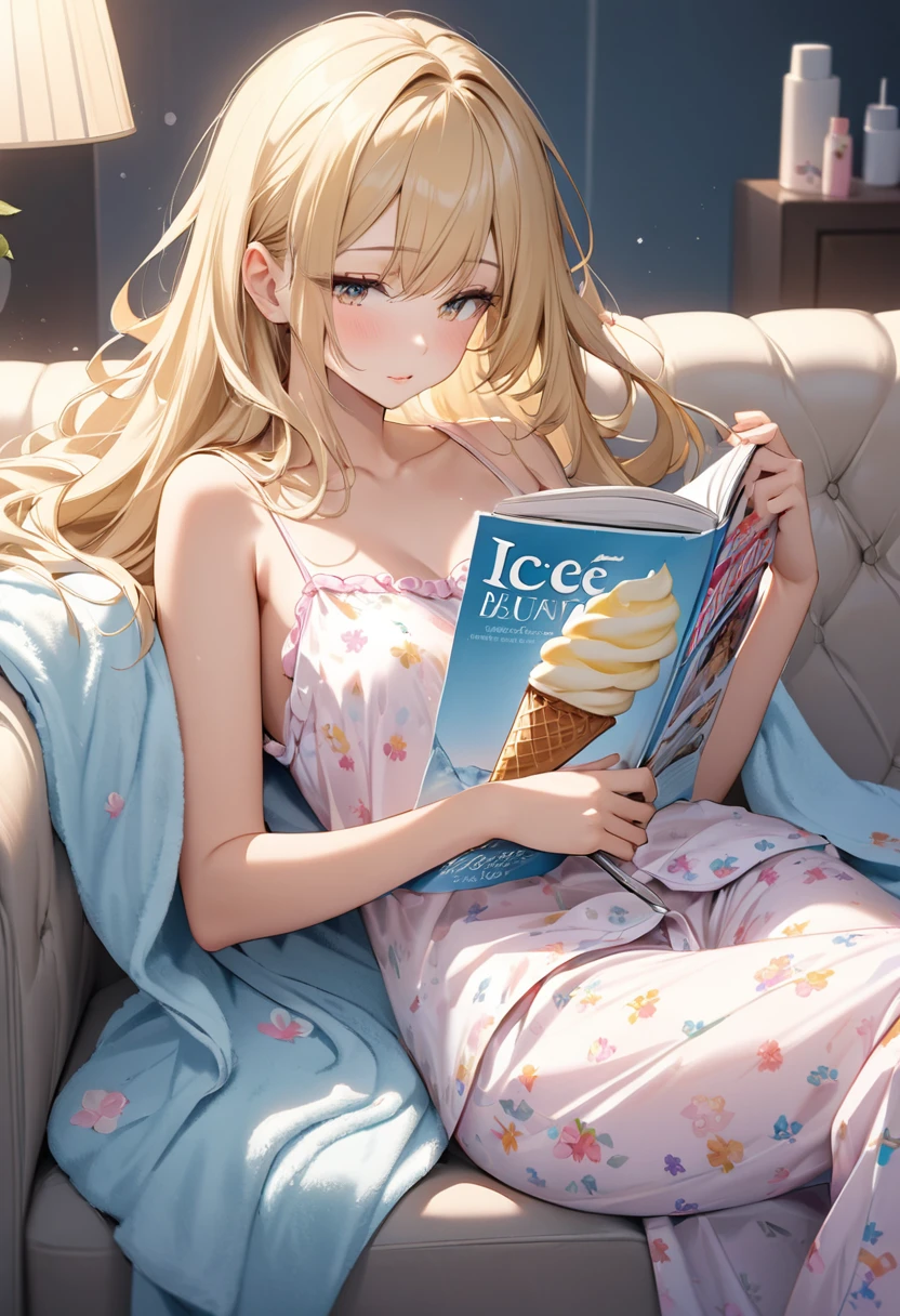 A beautiful girl with long, silky blonde hair is lying on the sofa reading a magazine. She has an ice cream in one hand, beautiful flowing hair, a beautiful and delicate face, and a perfect body shape. She is relaxing after a bath. She is wearing pajamas and a towel on her shoulders.