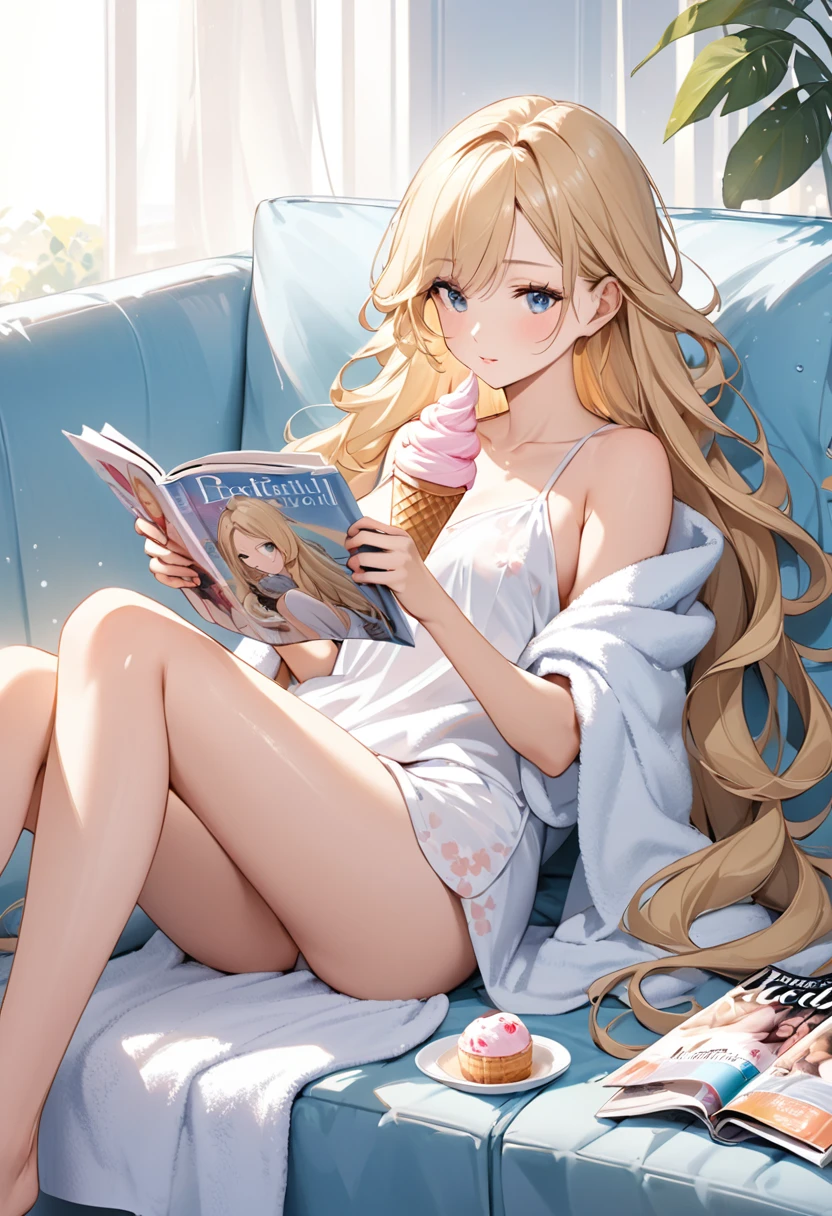 A beautiful girl with long, silky blonde hair is lying on the sofa reading a magazine. She has an ice cream in one hand, beautiful flowing hair, a beautiful and delicate face, and a perfect body shape. She is relaxing after a bath. She is wearing pajamas and a towel on her shoulders.