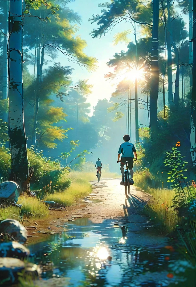 (bike: 1.5), (realistic bike: 1.5), (realistic cyclist: 1.5), cyclist back in foreground, lofi landscape, nature, sun, forest, clearing, undergrowth, landscape background, shadows, contrast, makoto shinkai (Best quality:1.3), (Highres:1) Art by Studio Ghibli Style, Vibrant Colors, Impressionism