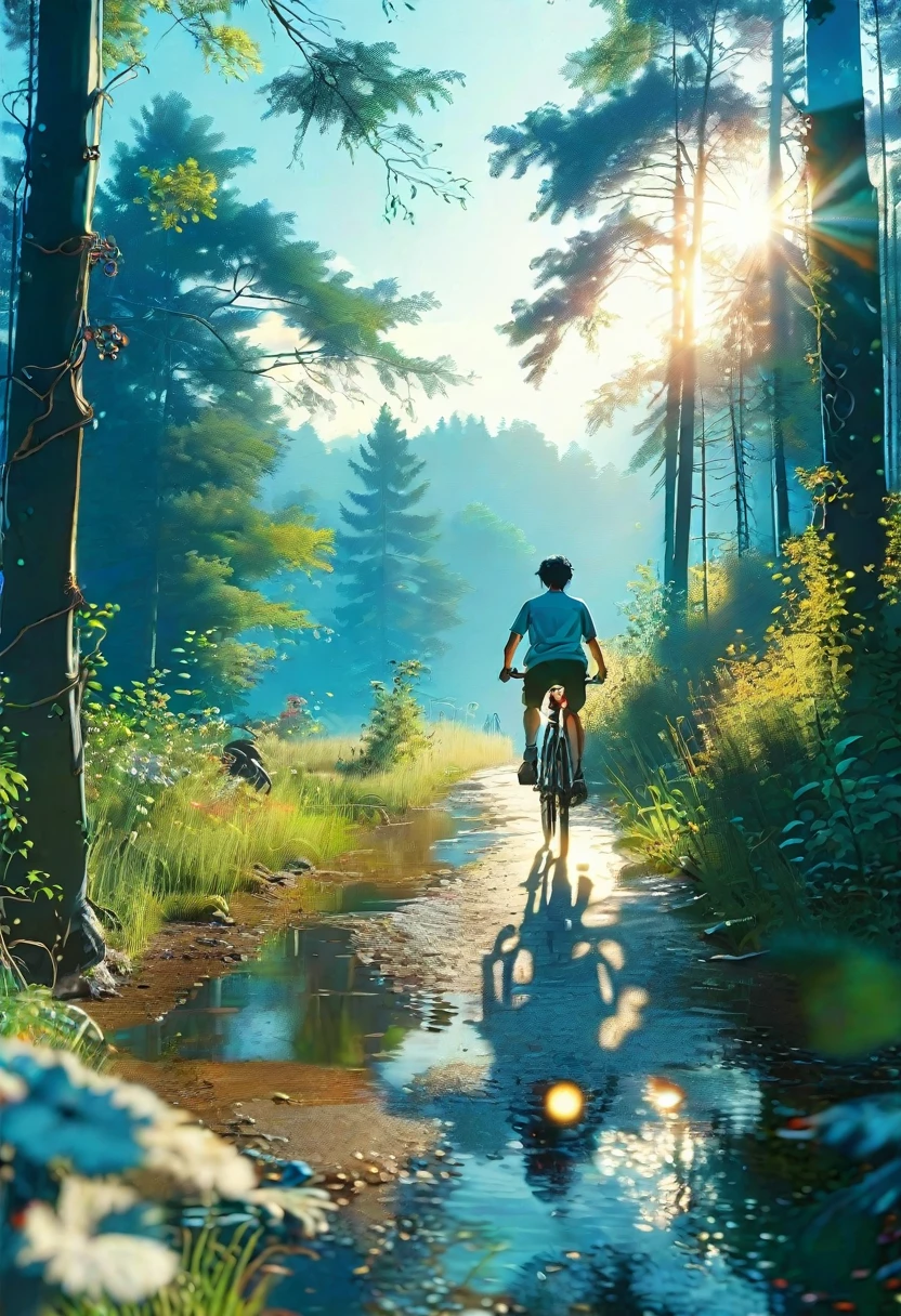 (bike: 1.5), (realistic bike: 1.5), (realistic cyclist: 1.5), cyclist back in foreground, lofi landscape, nature, sun, forest, clearing, undergrowth, landscape background, shadows, contrast, makoto shinkai (Best quality:1.3), (Highres:1) Art by Studio Ghibli Style, Vibrant Colors, Impressionism