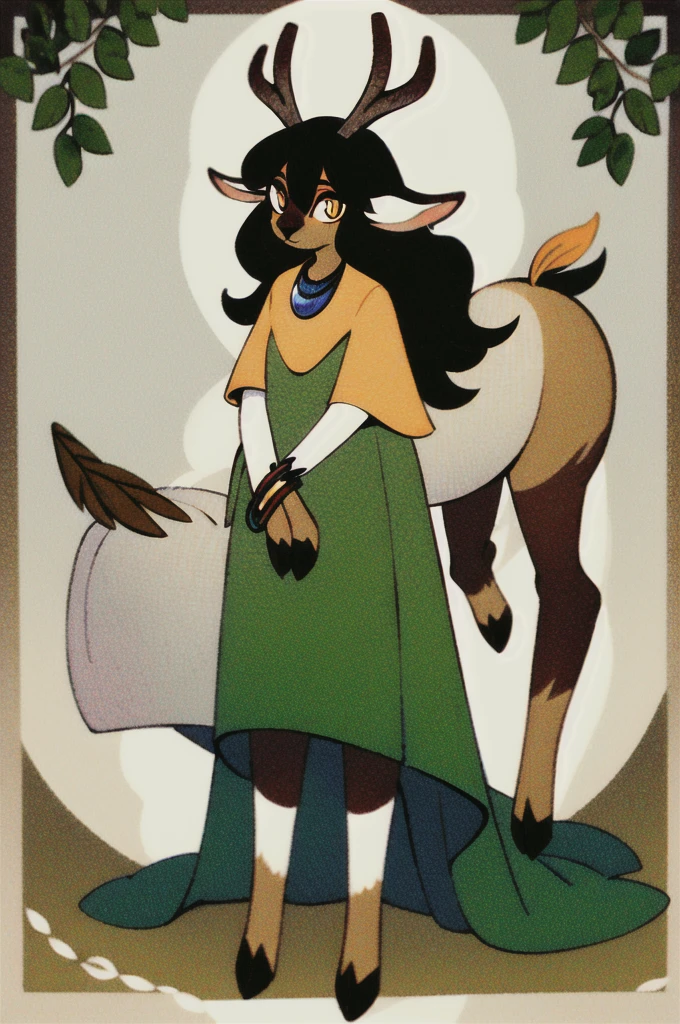 Skinned: Tanned Horns: Bent over, ivory color eyes: amber, vertical pupils Hair: Green and Wavy Ears: Pointy Legs: Of deer, Thin, covered in light brown hair, with hooves Tail: Short and furry, light brown clothing: Dress made of leaves and natural fibers Brands: Greenish Tribal Accessories: Moonstone and seed necklace